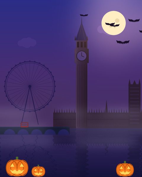 London under a full moon with bats and pumpkins