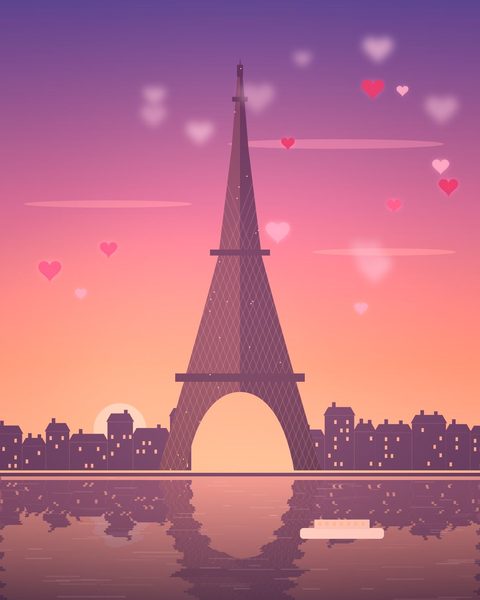 Paris at a pink sunset with floating hearts