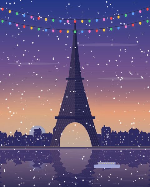 Paris in the snow under holiday lights